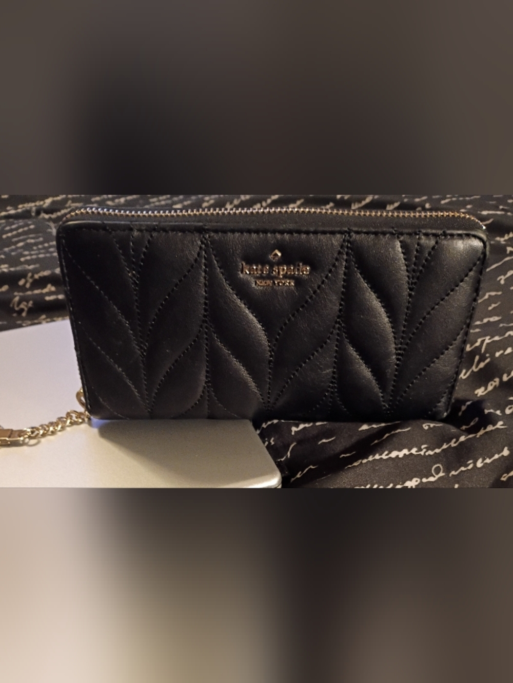 Kate Spade New York Black Quilted Leather Wallet With Gold Hardware Keychain